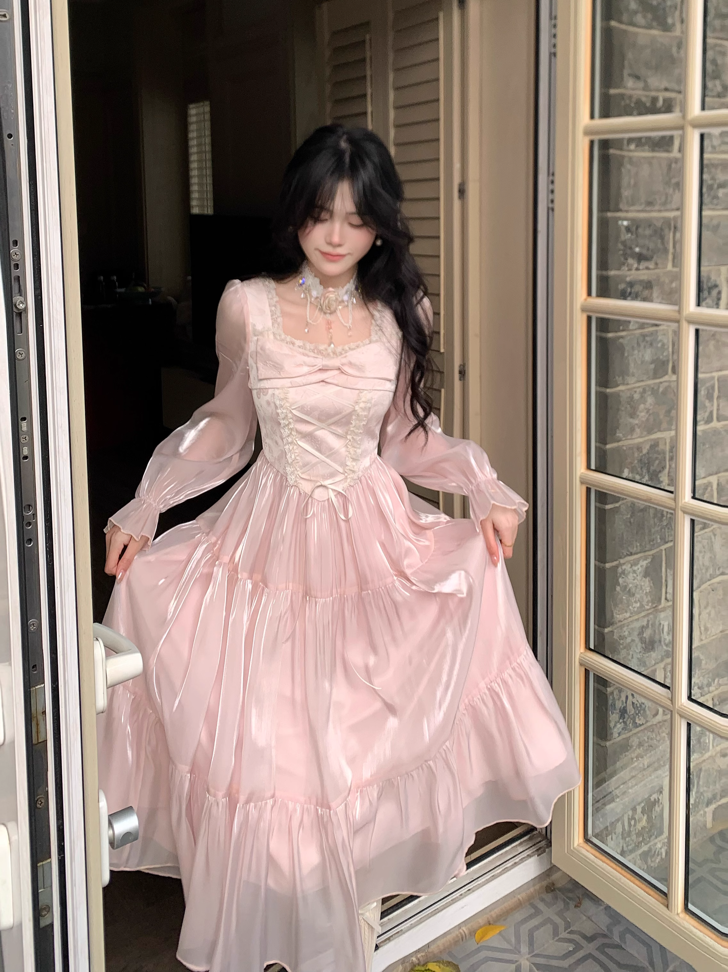 Pink French Square Neck Long Dress Fairy Glossy  Party Dress Prom Dress YM2027
