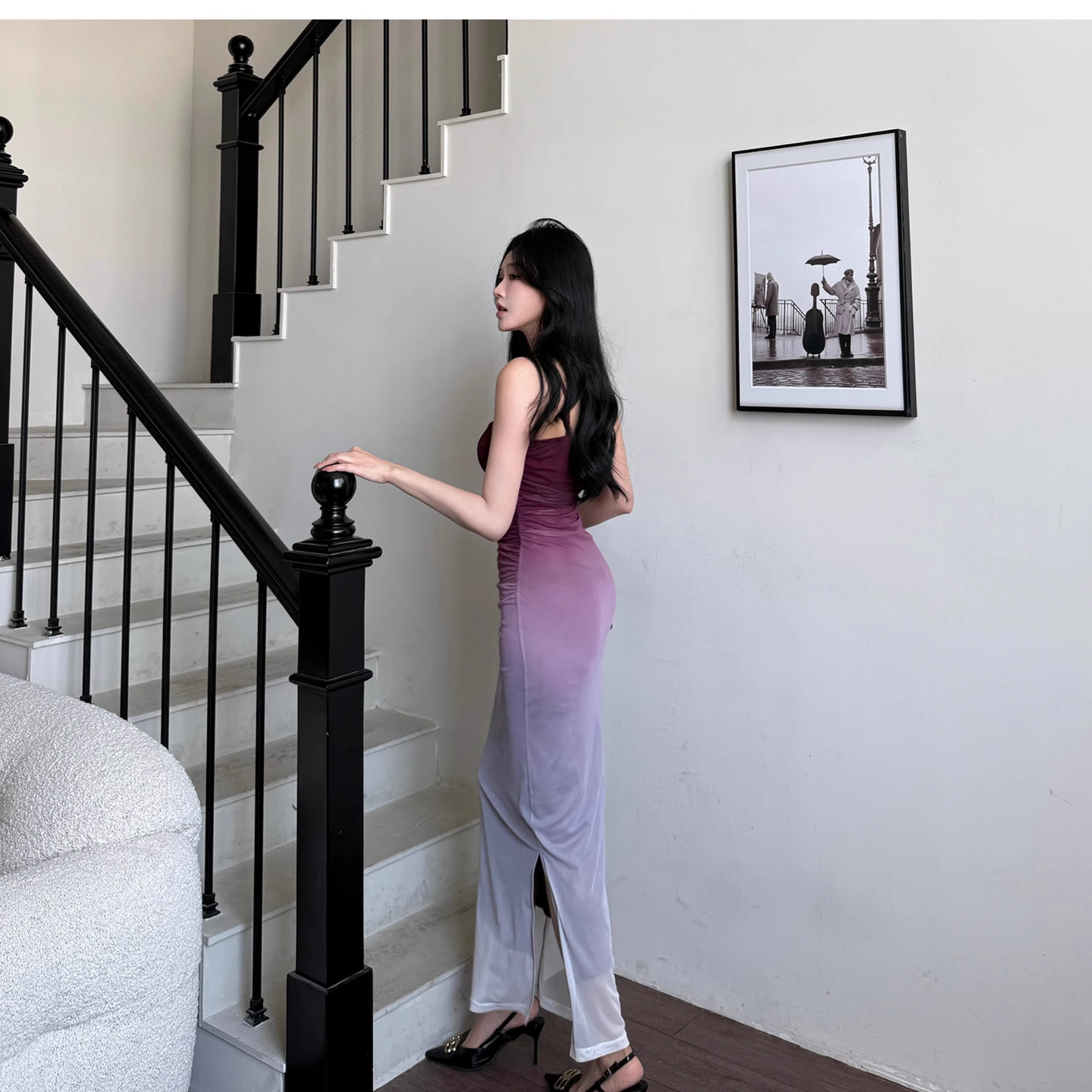 Pretty Ombre Purple Spaghetti Straps Sheath Long Party Dress Holiday Dress YM2242