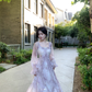 Purple Chiffon Butterfly Gold Foil Ruffle Long Sleeve Party Dress YM2024