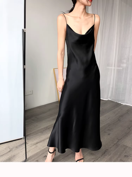 Black Spaghetti Straps Satin Long Party Dress Birthday Dress YM2436
