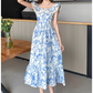 Women's summer blue oil painting floral dress YM1159