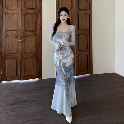 Elegant Blue Print Floral Straps Sheath Long Vacation Dress Holiday Dress Two Piece YM2274