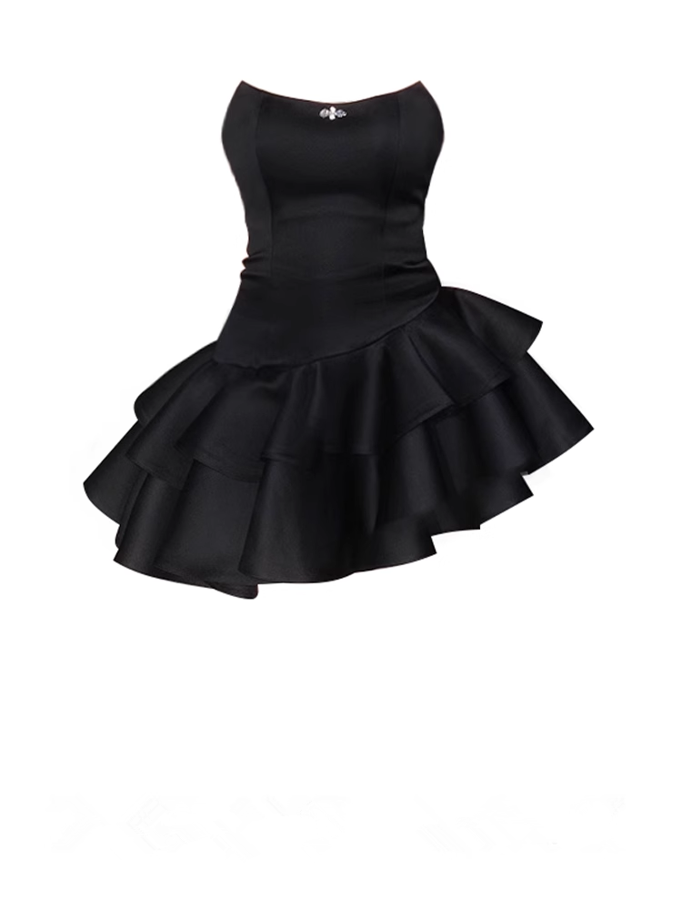 women's black irregular puffy short dress YM728