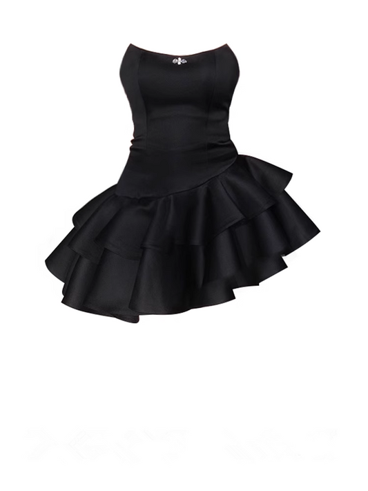 women's black irregular puffy short dress YM728