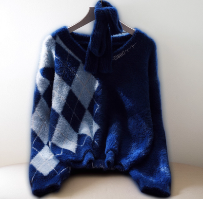 V-neck Blue Short Pullover Sweater New Style Splicing Sweater YM2387