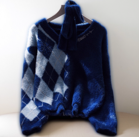 V-neck Blue Short Pullover Sweater New Style Splicing Sweater YM2387