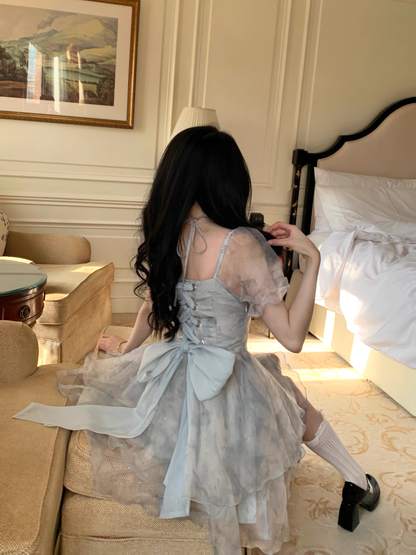 Sweet Green Princess Organza Splicing Tie Waist Printed Puffy Prom Dress Birthday Party Dress YM2047
