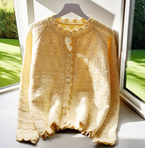 Yellow Hollow Short Sweater Jacket Spring New Japanese Sweet Knitted Cardigan YM2369