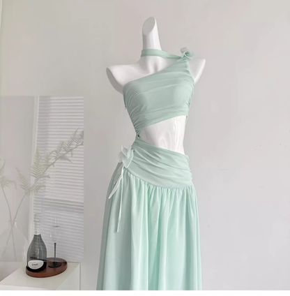 Sexy Mint Green One Shoulder Chiffon Vacation Dress Birthday Dress YM2077