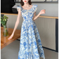 Women's summer blue oil painting floral dress YM1159