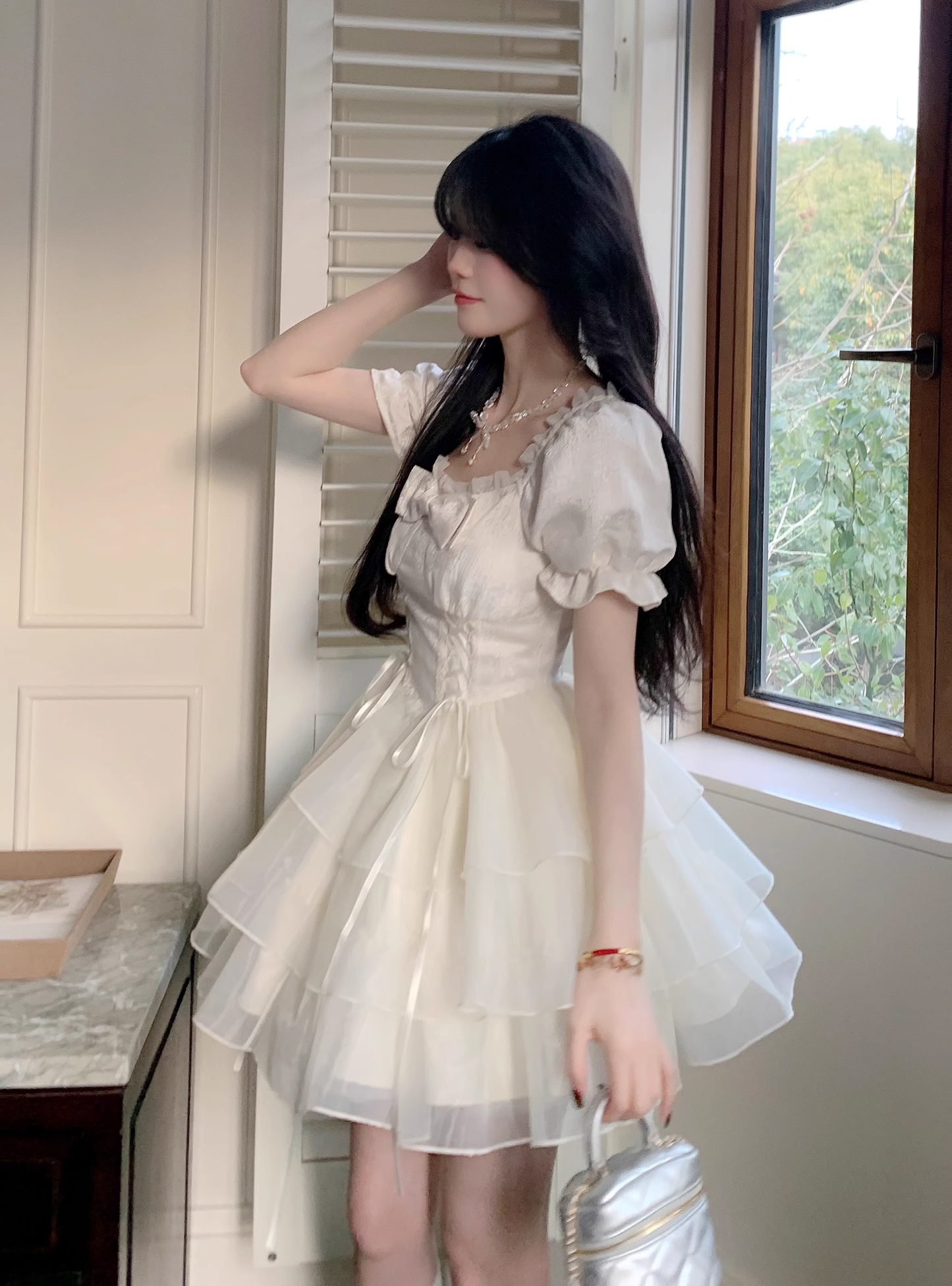 Sweet Apricot Princess Style Bowknot Organza Short Dress Puff Birthday Party Dress YM2031