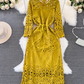 Women's long-sleeved round neck mid-length hollow lace dress YM882