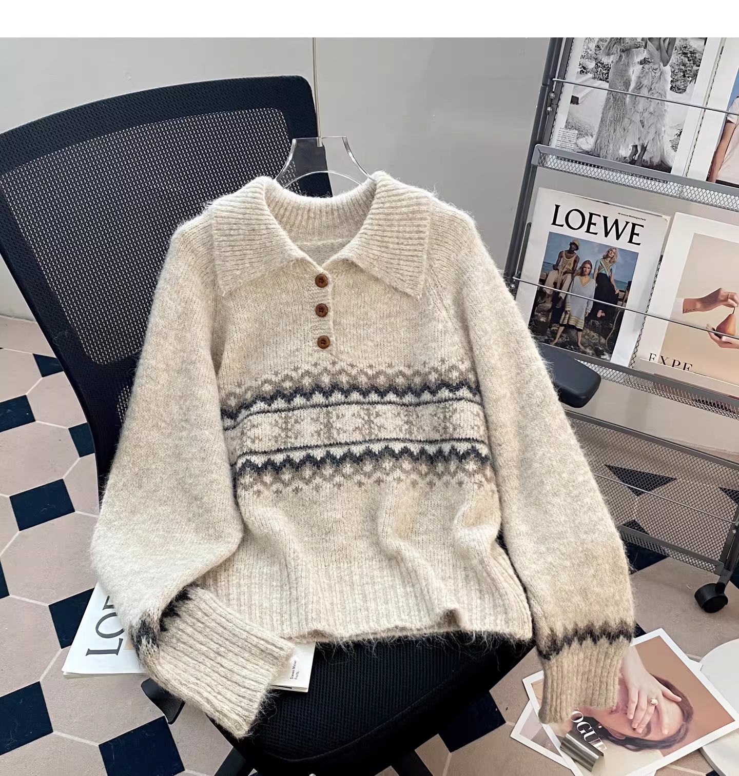 Fair Isle Polo Collar Soft Knit Sweater YM2455