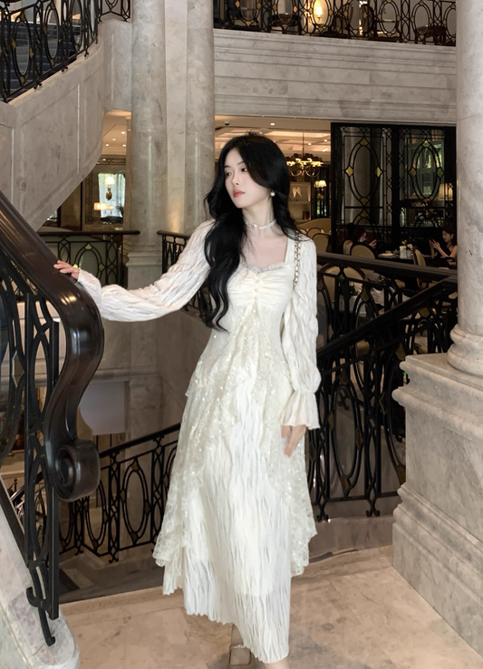 High-End And Gentle Style Lace Sequins Ruffled White Moonlight Prom Dress Apricot Party Dress YM2037