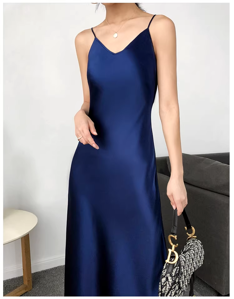 Fashion Spaghetti Straps V Neck Navy Blue Satin Mermaid Long Birthday Party Dress YM2432
