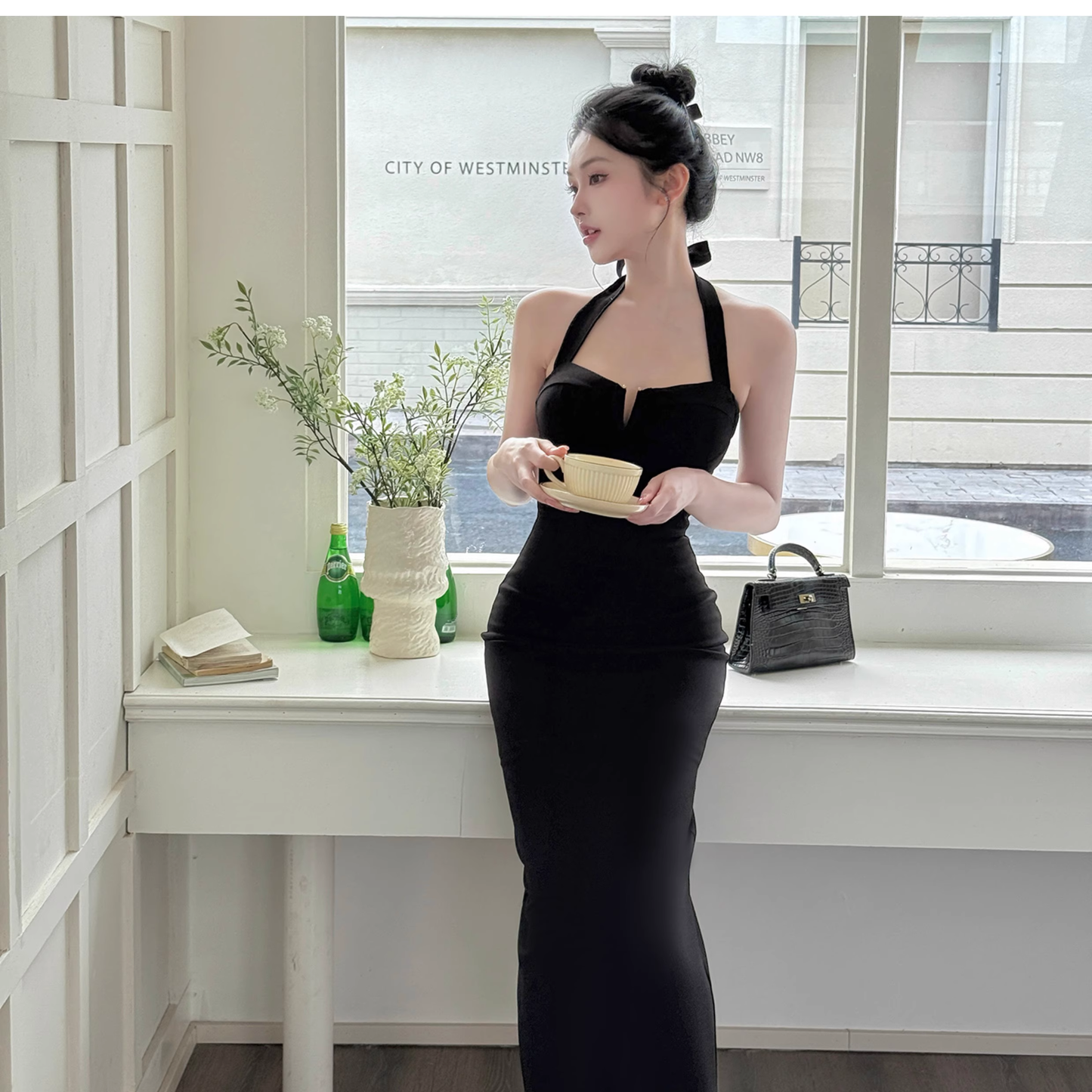 Black Halter Neck Holiday Dress New French Sheath Long Vacation Dress YM2270