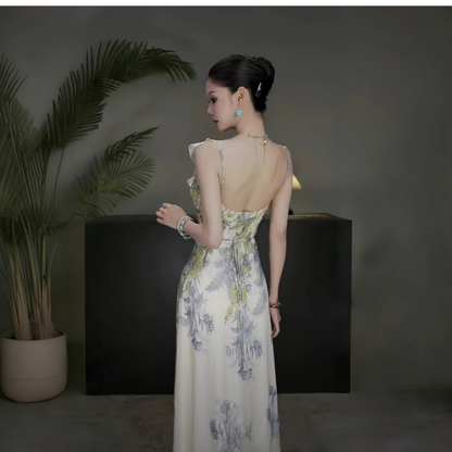 Fashion Green Printed Floral Straps Birthday Dress Women's Sexy Long Holiday Dress YM2280