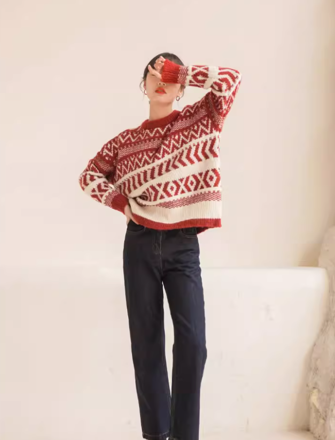 Retro Red New Year Sweater, Thick Christmas-style color-blocked Knitwear YM2417
