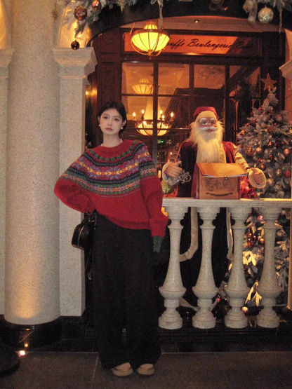 Fair Isle Red Sweater, Thick And Loose Knitwear, Christmas And New Year Sweater YM2419