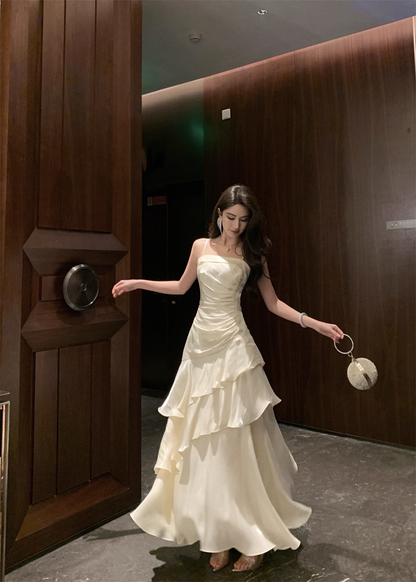 White Suspender Holiday Dress Ruffled Mermaid Long Birthday Dress YM2331