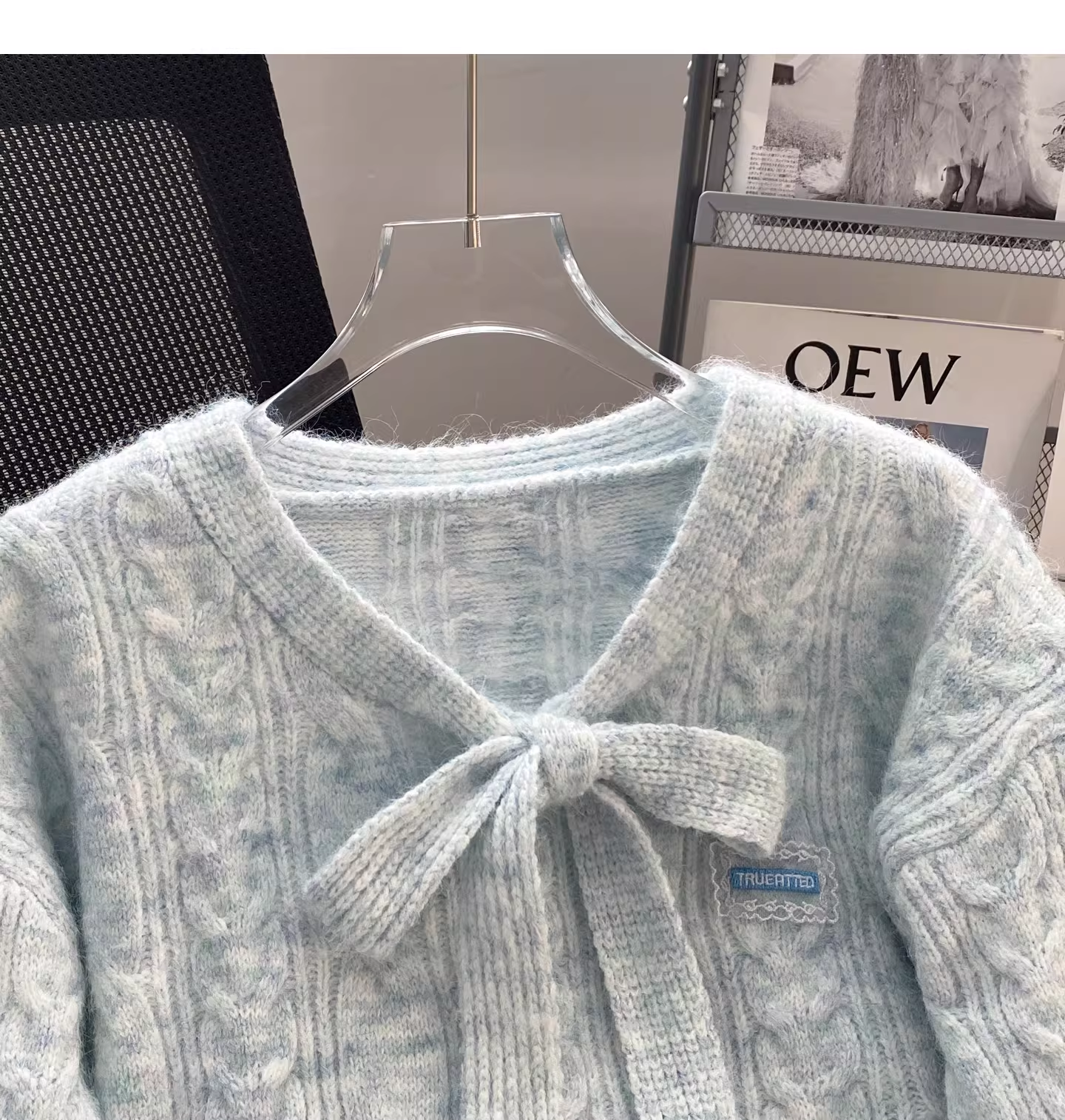 Sweet Blue Lace-trimmed Faux Two-piece Sweater With Tie Bow YM2447