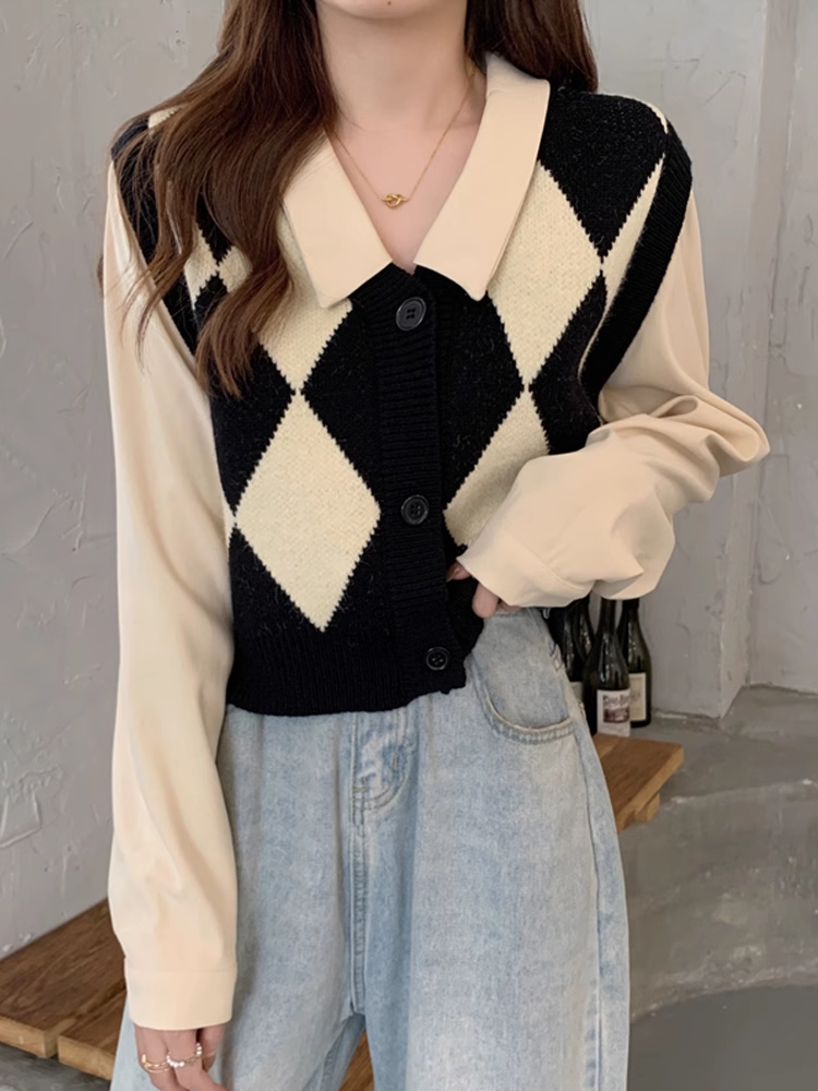 New Plaid Knit Vest Fake Two-Piece Sweater Shirt YM358