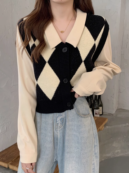 New Plaid Knit Vest Fake Two-Piece Sweater Shirt YM358