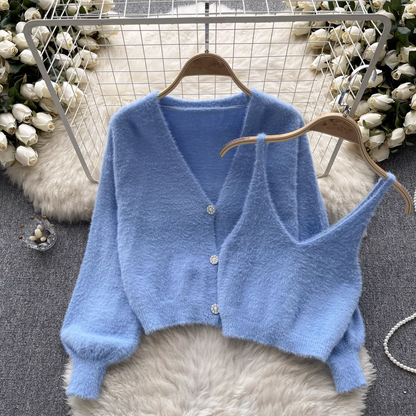Fashion plush suit autumn and winter camisole + cardigan jacket sweater suit YM538