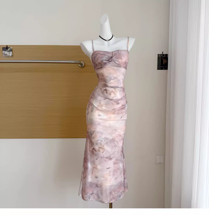 Apricot Suspender Dress Beautiful Long Vacation Dress YM2089