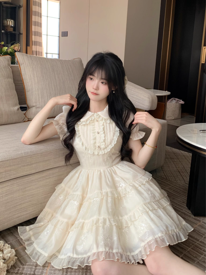 Sweet Apricot And Age-Reducing Doll Collar Pearl Lace Cake Dress Princess Dress YM2030