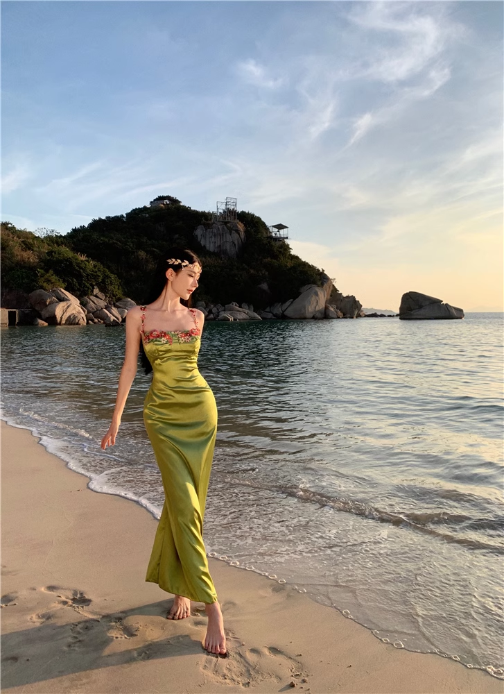 Long green satin party dress YM1034