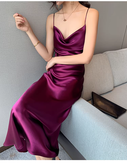 Pretty Purple Spaghetti Straps Satin Long Birthday Party Dress YM2441