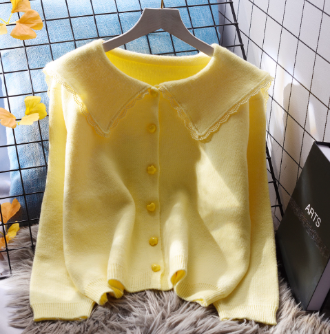 Cute Doll Collar Yellow Short Sweater Jacket Sweet Wear Knitted Top YM2372