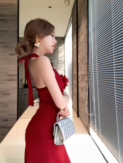Red Three-Dimensional Flower Halter Party Dress Deep V Slit Evening Dress YM2115