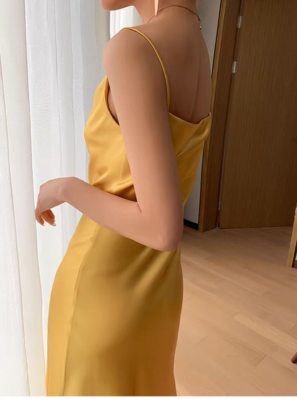 Simple Blue Spaghetti Straps Satin Long Party Dress Birthday Dresses YM2440