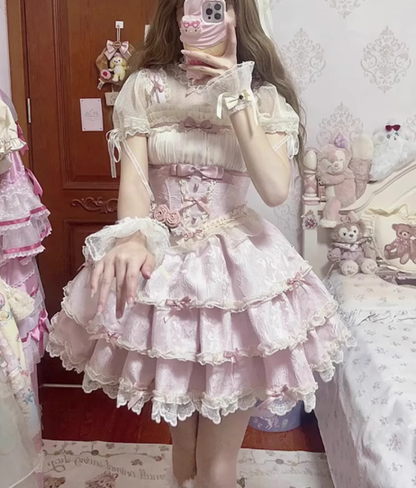 Cute Pink Ballet Lolita Skirt Short Birthday Party Evening Dress YM2159
