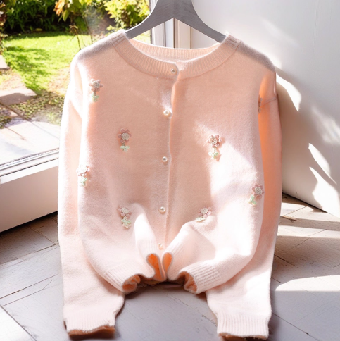 Sweet Short Sweater Jacket New Style Pink Outer Long-Sleeved Knitted Cardigan YM2360
