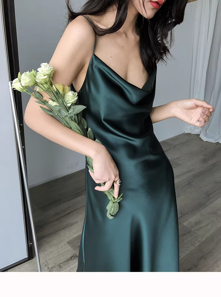 Elegant Dark Green Spaghetti Straps Satin Long Party Dress Holiday Dress YM2437