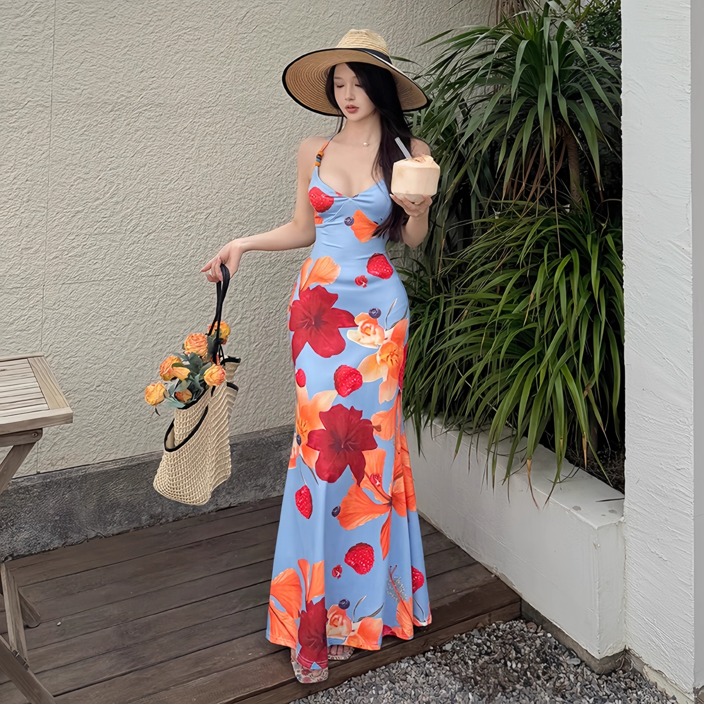 Island Vacation Dress Printed Suspender Beach Dress Sexy Backless Strap Sheath Long Dress YM2255