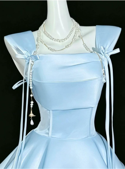 Blue Satin A Line Short Birthday Dress Vacation Dress YM2456