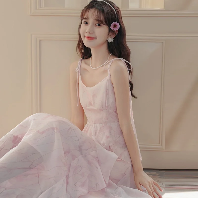 Pink Suspender Holiday Dress Ruffle Fairy Seaside Vacation Dress YM2327