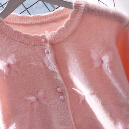 Pink Butterfly Sweater Jacket Sweet Long Sleeve Knitted Cardigan YM2376