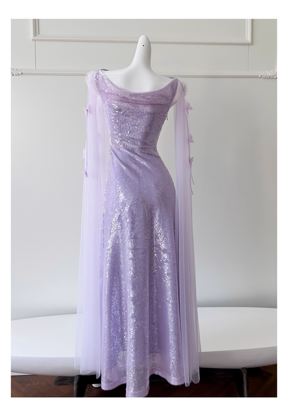 Sparkling Long Spaghetti Straps Purple Sequin Tulle Evening Dress Birthday Party Dress YM2119