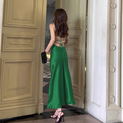 Simple Spaghetti Straps Green Satin Backless A Line Party Dress Birthday Dress YM2248