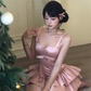 Pink Spaghetti Strasp Satin Layered Birthday Outfits Short Prom Dress YM1983