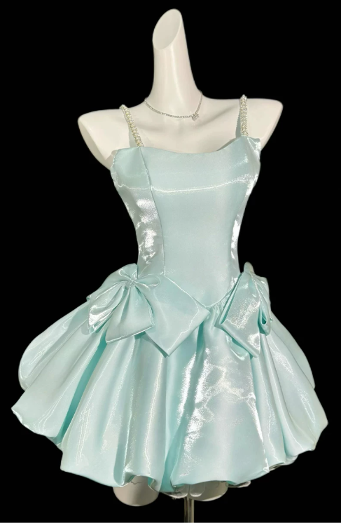 Pretty Mint Green Spaghetti Strap Satin Beaded A Line Short Birthday Dress Cocktail Dress YM2465
