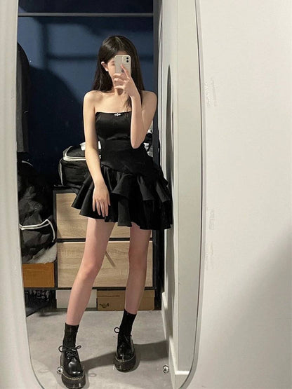 Chic A line black fashion summer short dress ,YM71