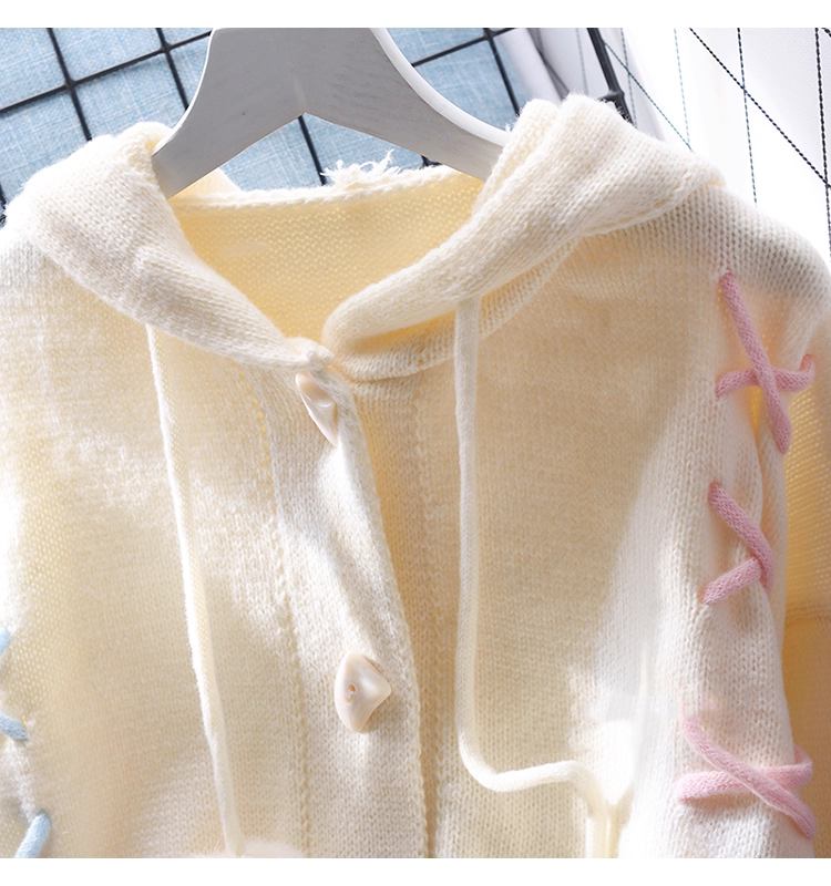 Cute Blue Hooded Sweater Jacket Autumn And Winter New Sweet Mid-length Knitted Cardigan YM2367