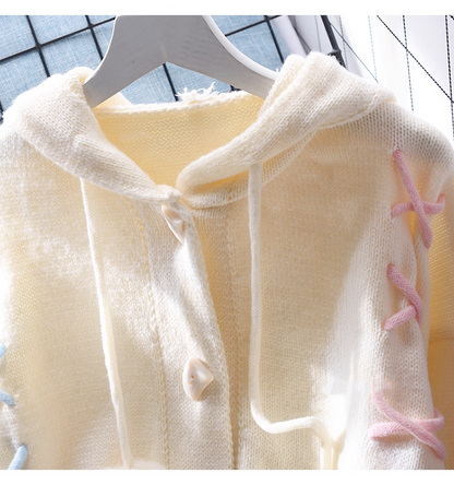 Cute Blue Hooded Sweater Jacket Autumn And Winter New Sweet Mid-length Knitted Cardigan YM2367