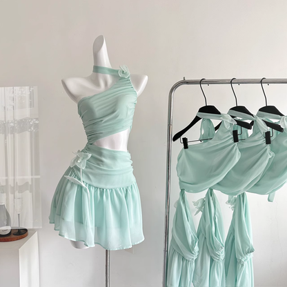 Sexy Green One Shoulder A Line Vacation Dress Mini Party Gown  YM2086